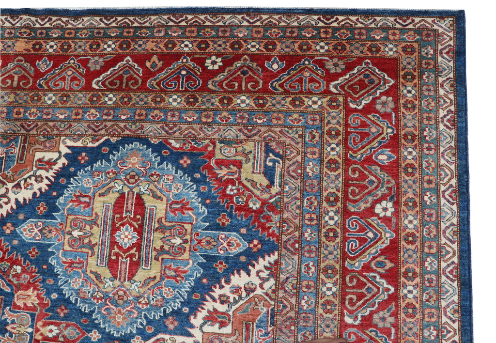 9x12 Blue Super Kazak Geometric Area Rug | Handmade Wool & Cotton Rug