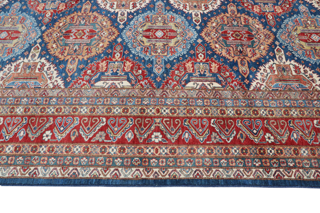 9x12 Blue Super Kazak Geometric Area Rug | Handmade Wool & Cotton Rug