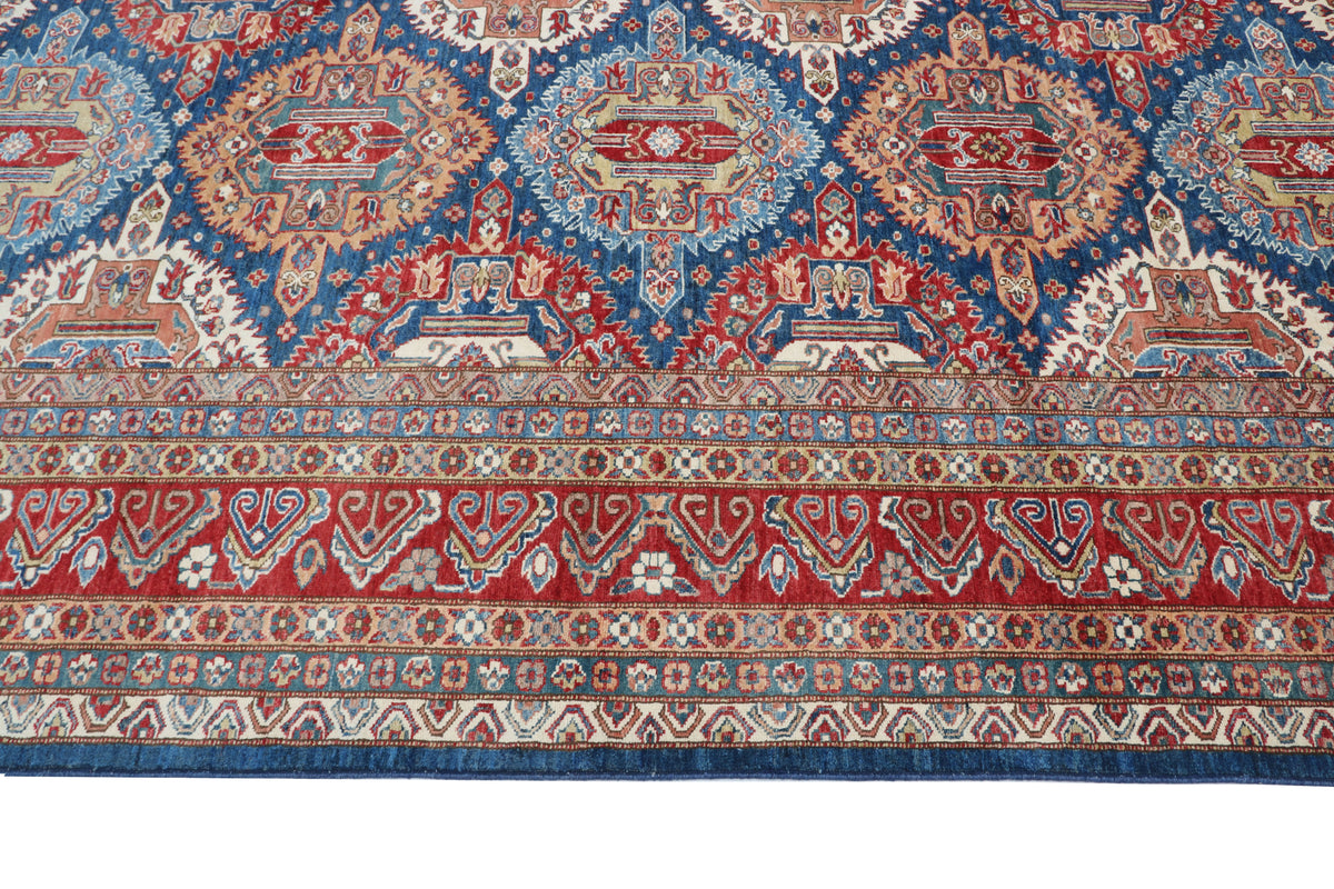 9x12 Blue Super Kazak Geometric Area Rug | Handmade Wool & Cotton Rug