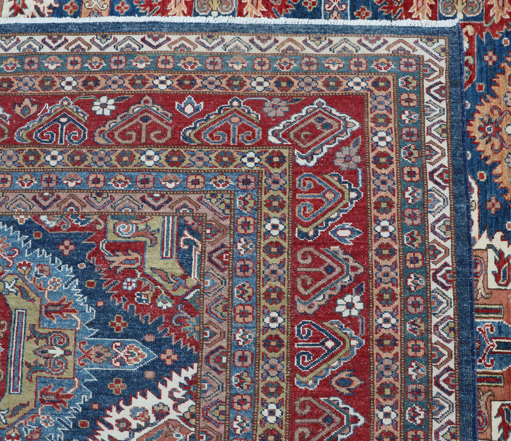 9x12 Blue Super Kazak Geometric Area Rug | Handmade Wool & Cotton Rug