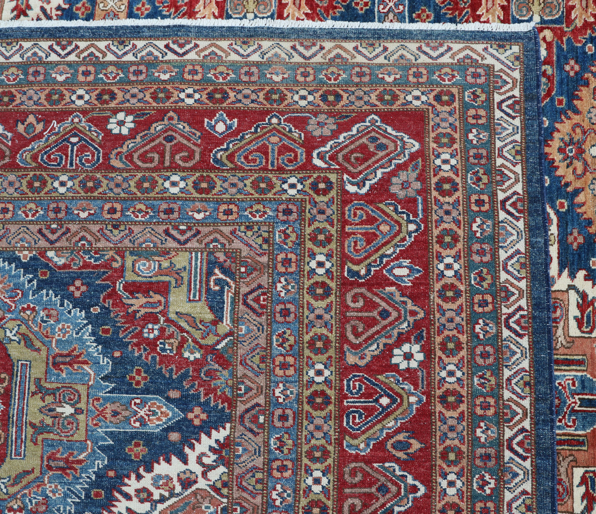 9x12 Blue Super Kazak Geometric Area Rug | Handmade Wool & Cotton Rug