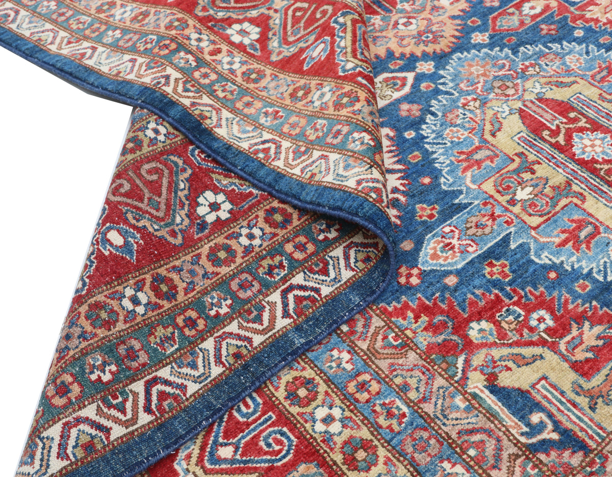 9x12 Blue Super Kazak Geometric Area Rug | Handmade Wool & Cotton Rug