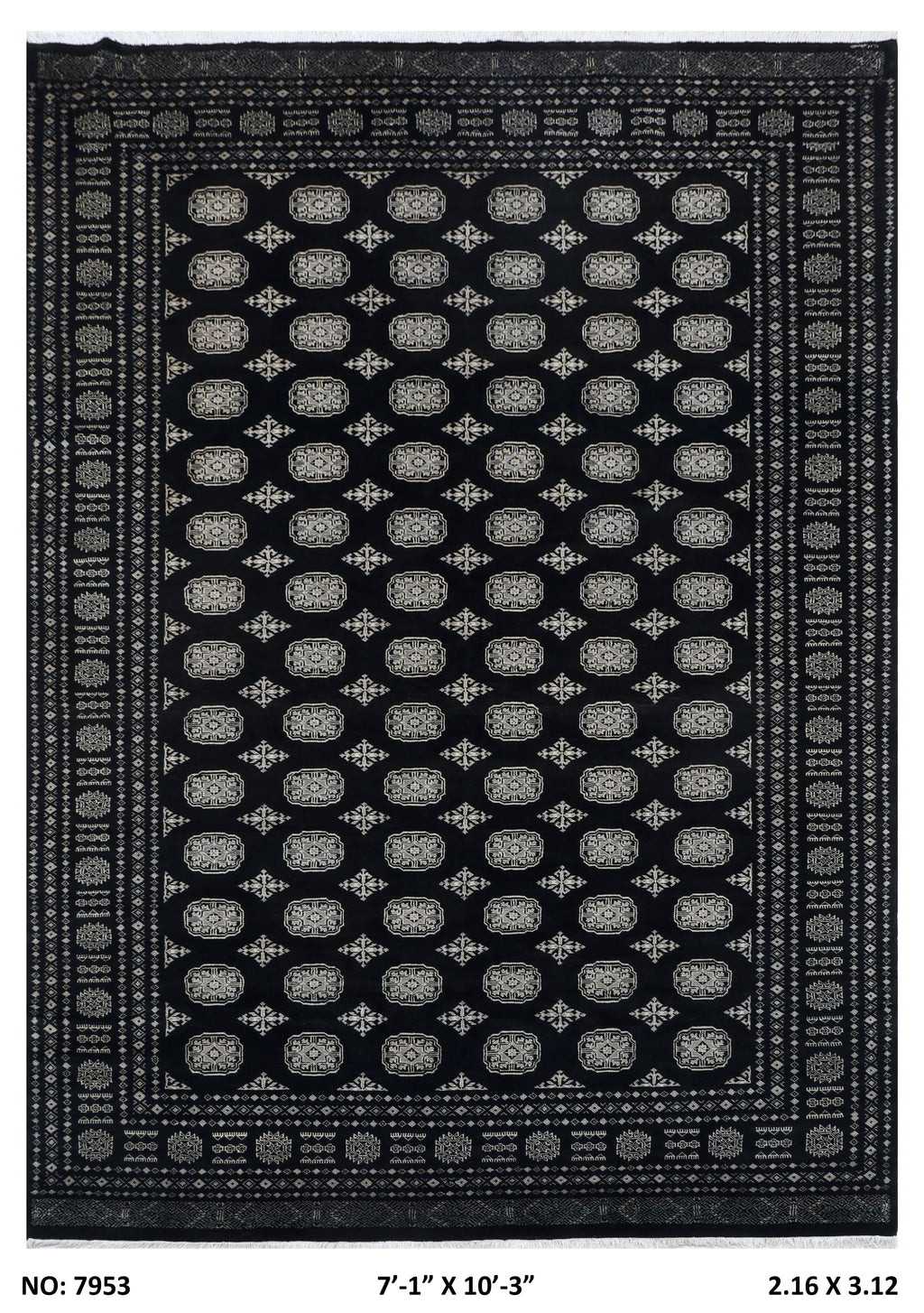 7x10 black Mori Bokhara geometric handmade wool and cotton area rug with vegetable AZO-free dyeing