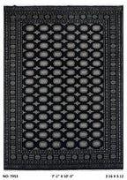 7x10 black Mori Bokhara geometric handmade wool and cotton area rug with vegetable AZO-free dyeing