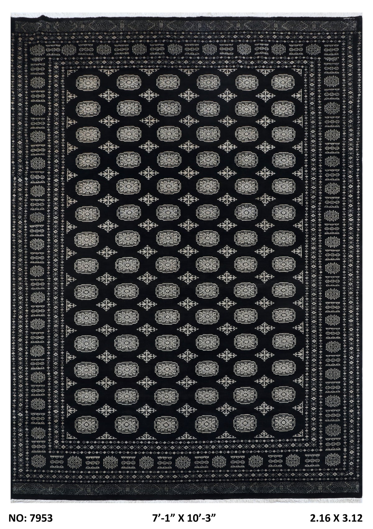 7x10 black Mori Bokhara geometric handmade wool and cotton area rug with vegetable AZO-free dyeing