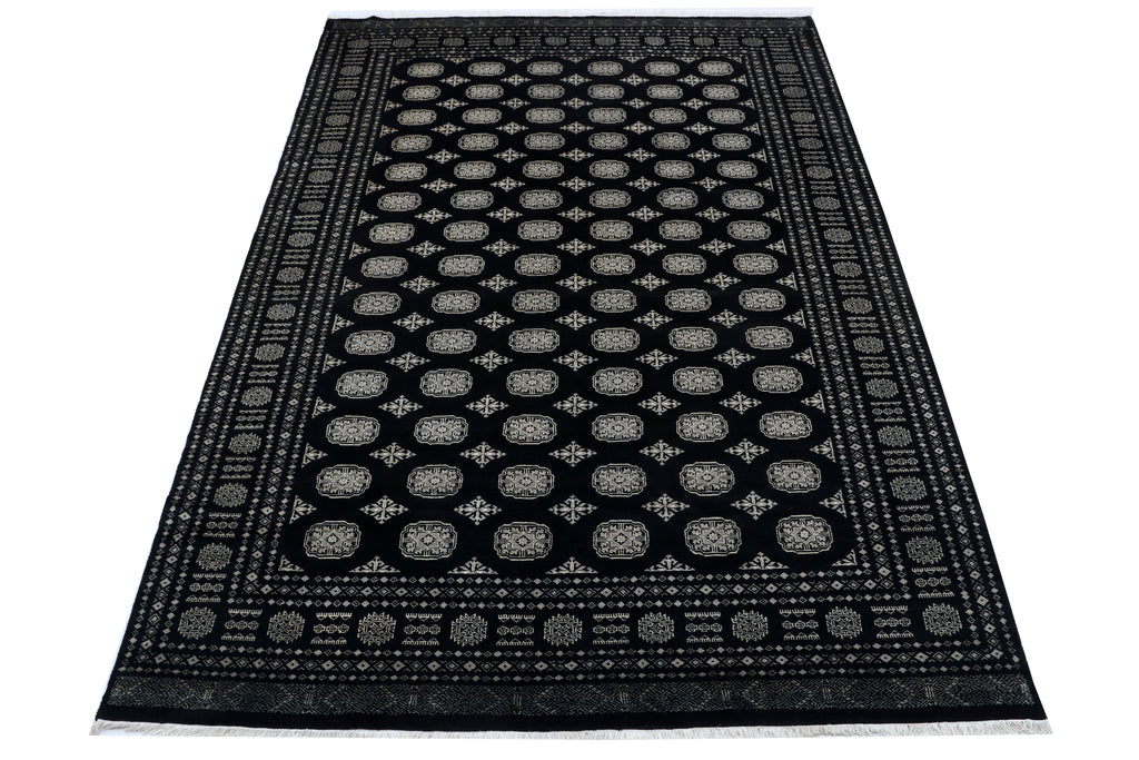7x10 Black Mori Bokhara Geometric Area Rug | Handmade Wool & Cotton Rug
