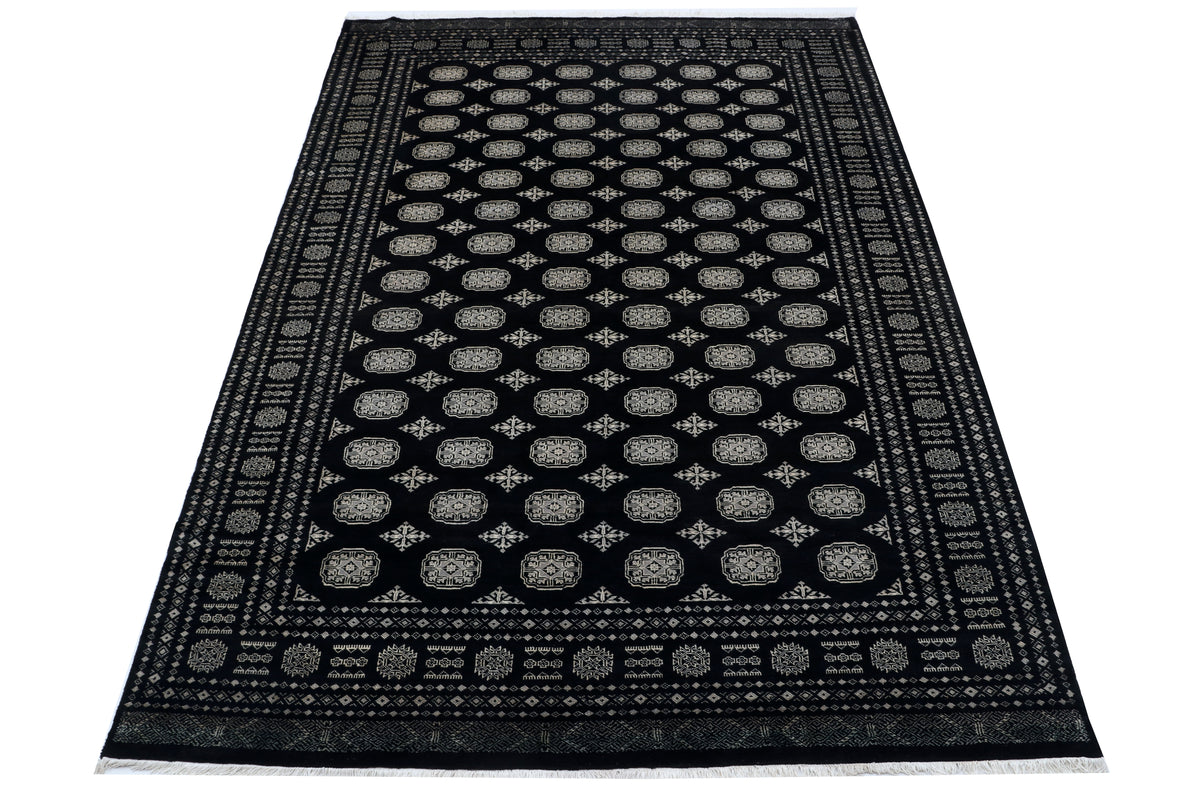 7x10 Black Mori Bokhara Geometric Area Rug | Handmade Wool & Cotton Rug