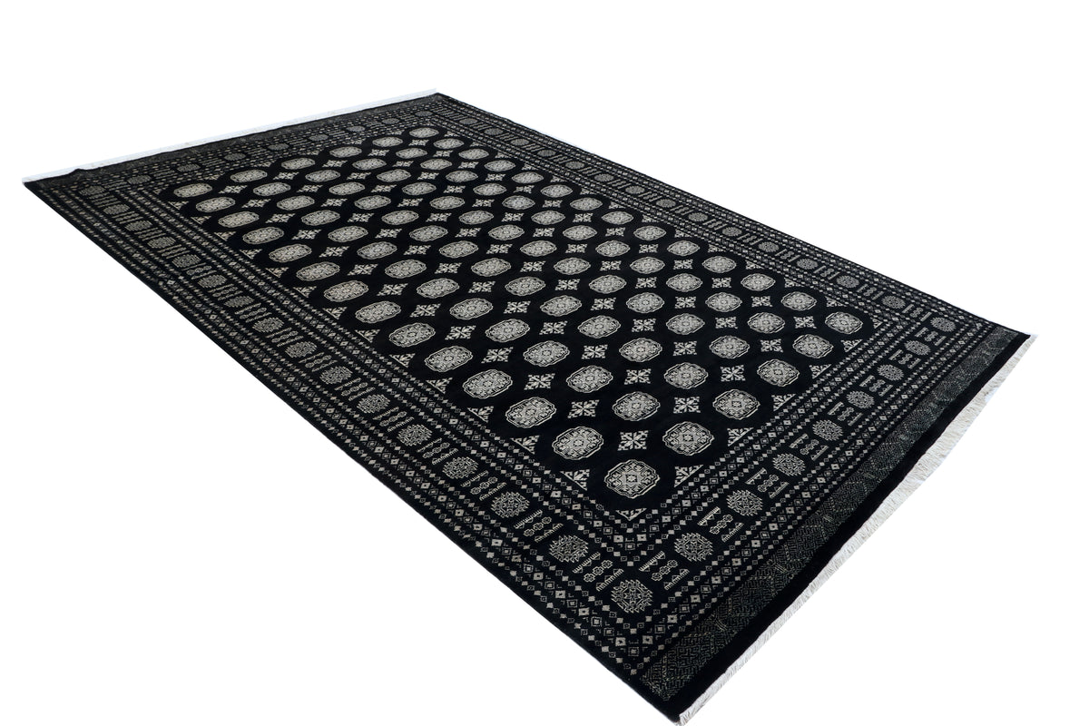 7x10 Black Mori Bokhara Geometric Area Rug | Handmade Wool & Cotton Rug