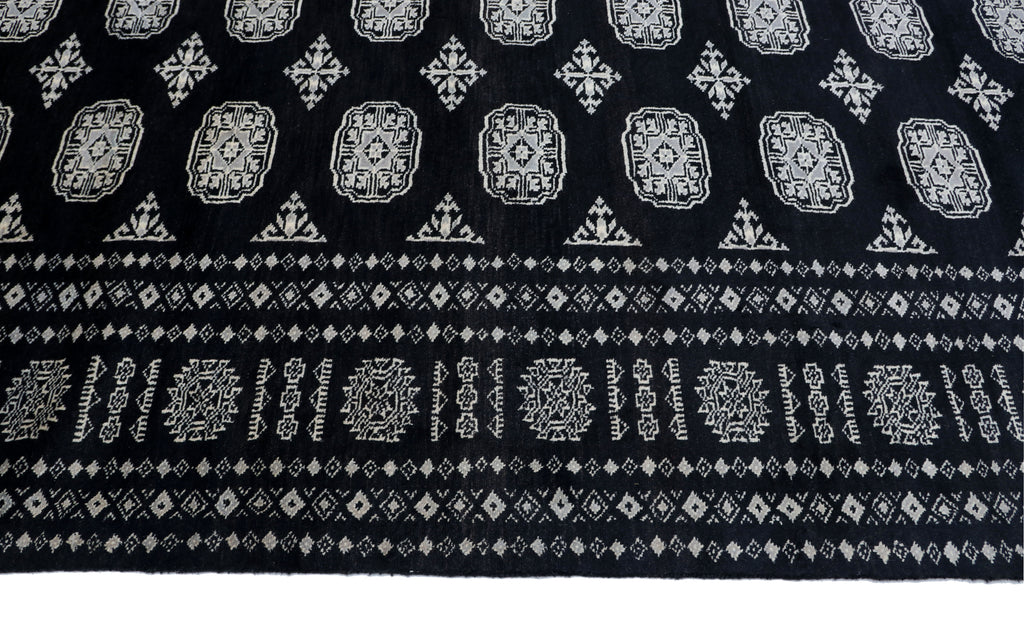 7x10 Black Mori Bokhara Geometric Area Rug | Handmade Wool & Cotton Rug