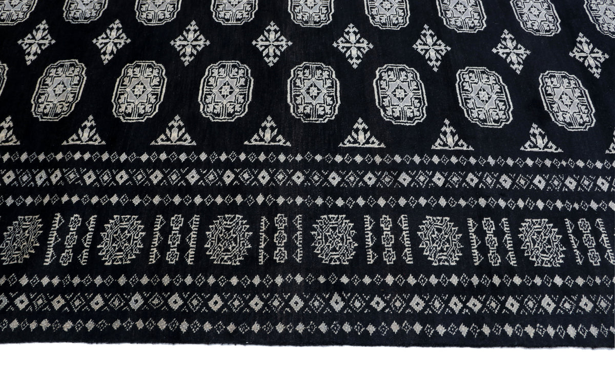 7x10 Black Mori Bokhara Geometric Area Rug | Handmade Wool & Cotton Rug