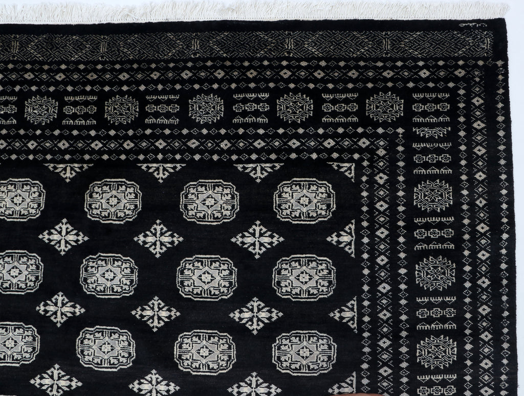7x10 Black Mori Bokhara Geometric Area Rug | Handmade Wool & Cotton Rug