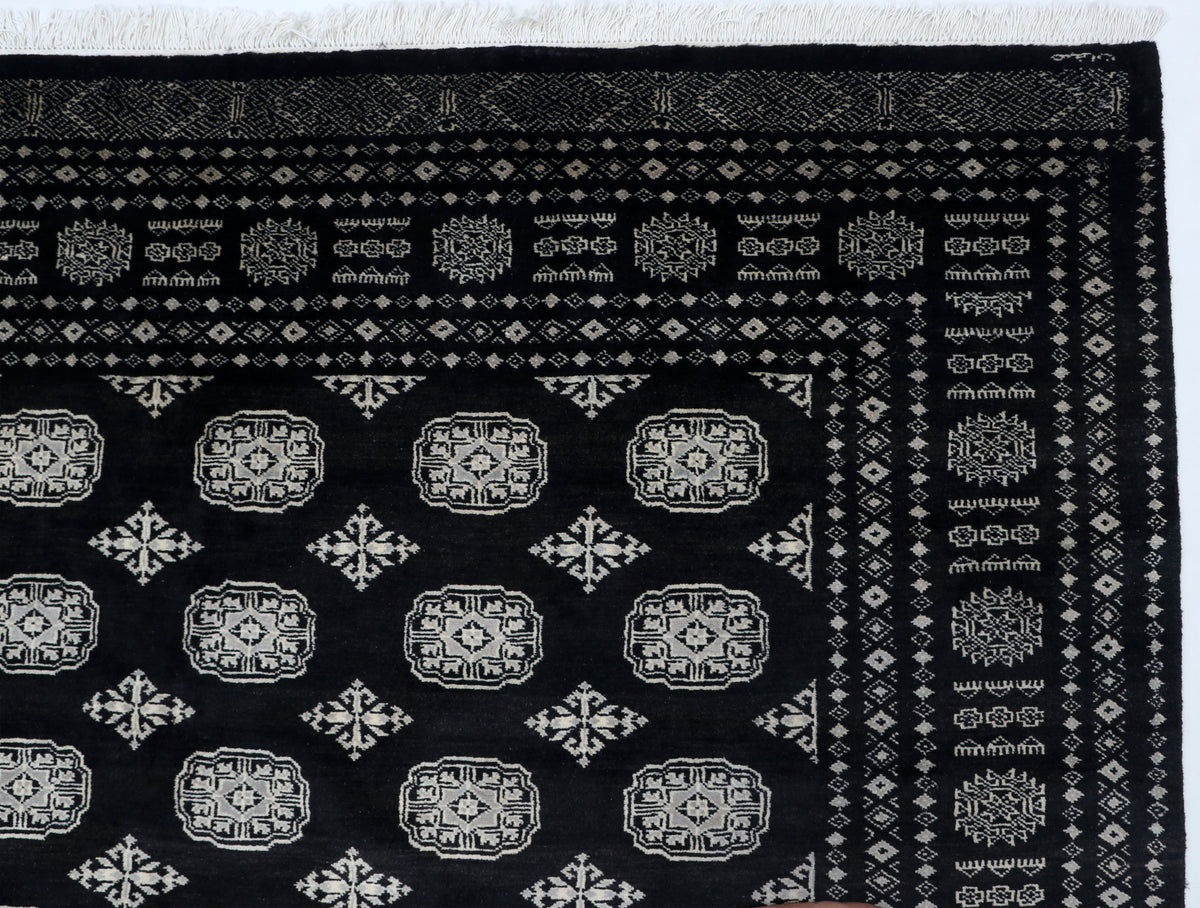 7x10 Black Mori Bokhara Geometric Area Rug | Handmade Wool & Cotton Rug
