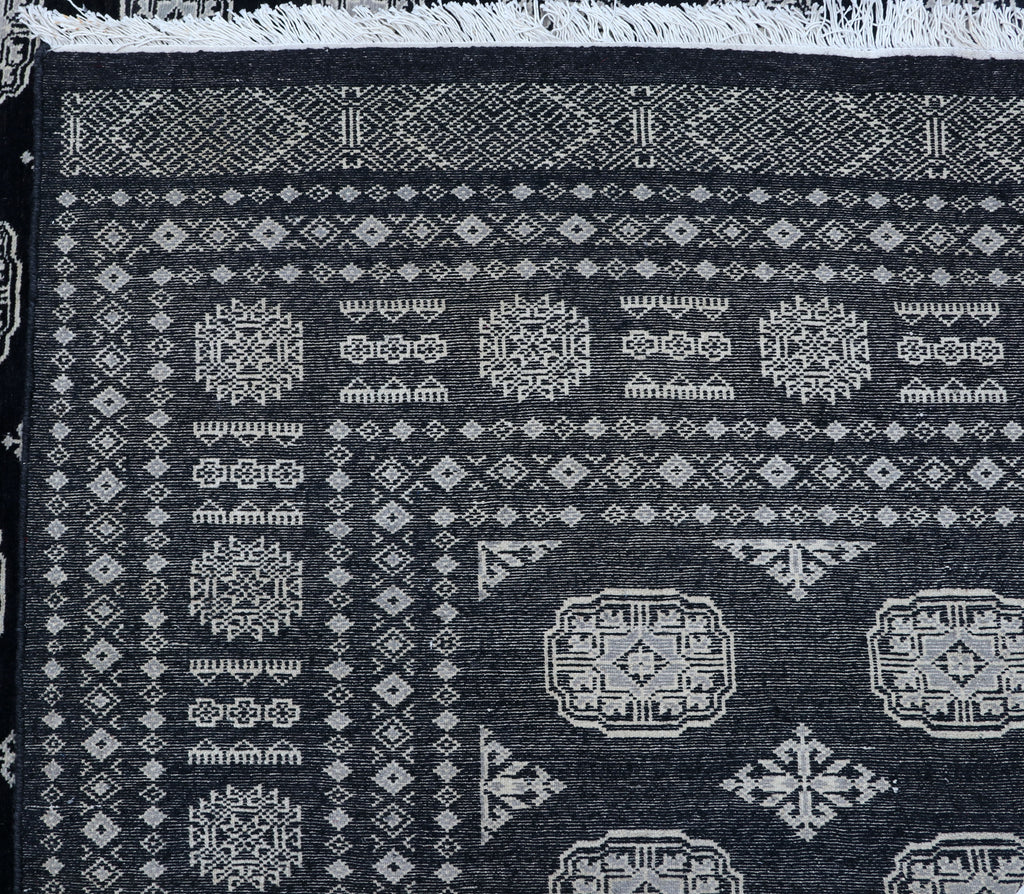 7x10 Black Mori Bokhara Geometric Area Rug | Handmade Wool & Cotton Rug