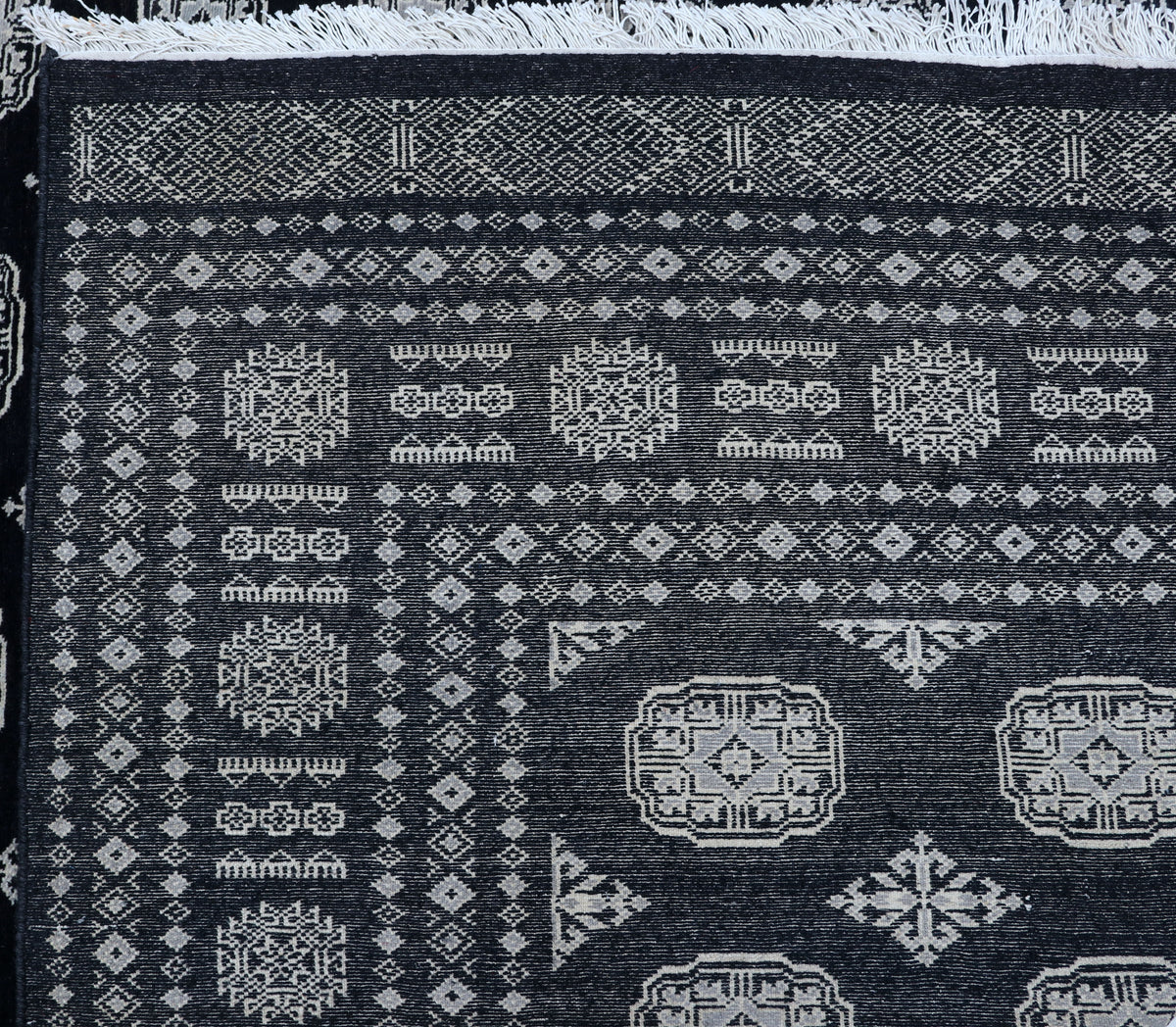 7x10 Black Mori Bokhara Geometric Area Rug | Handmade Wool & Cotton Rug