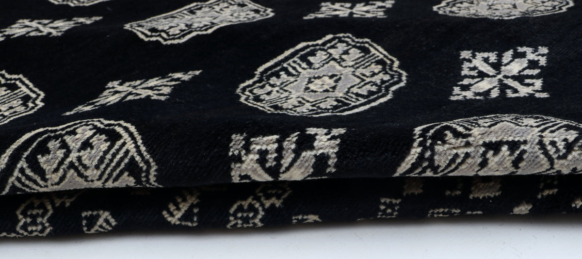 7x10 Black Mori Bokhara Geometric Area Rug | Handmade Wool & Cotton Rug