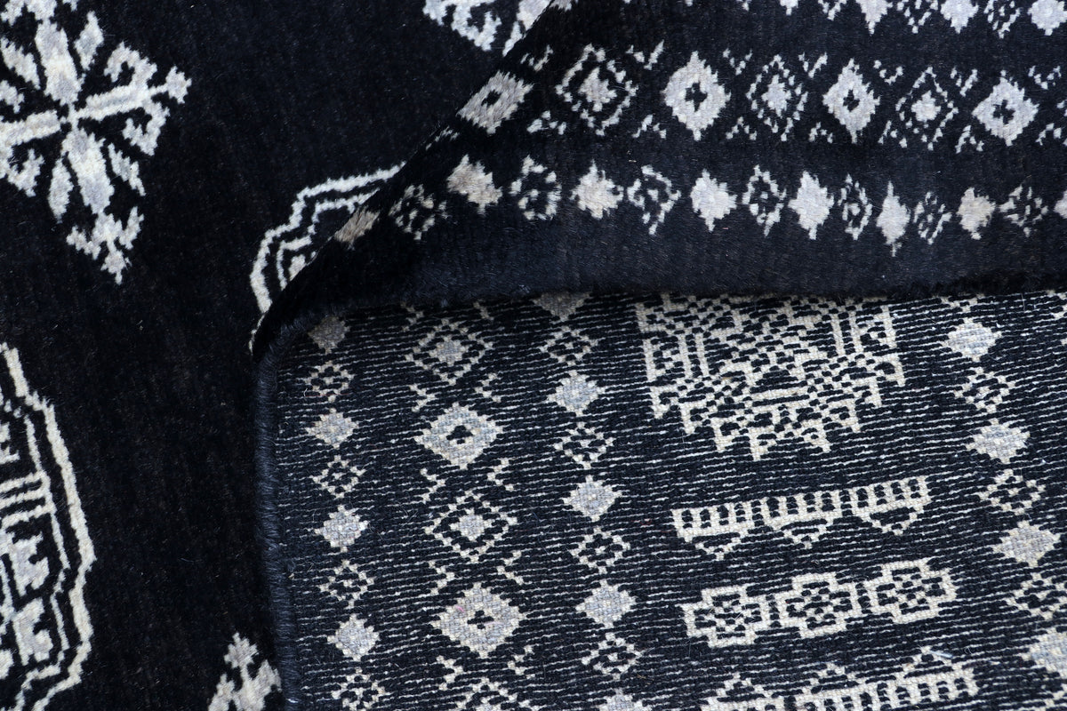 7x10 Black Mori Bokhara Geometric Area Rug | Handmade Wool & Cotton Rug