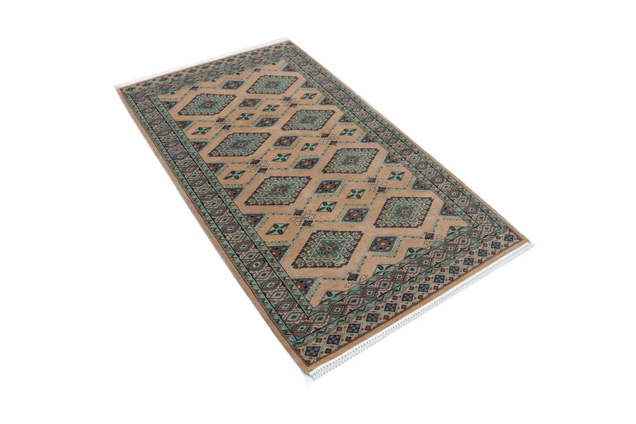 3x5 Beige and Green Fine Jaaldar Handmade Worsted Wool Cotton Geometric Area Rug