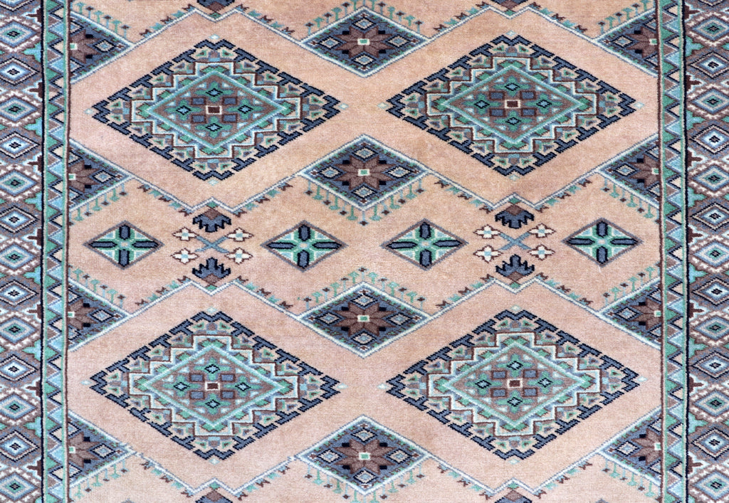 3x5 Beige & Green Fine Jaaldar Area Rug | Handmade Worsted Wool & Cotton Geometric Rug