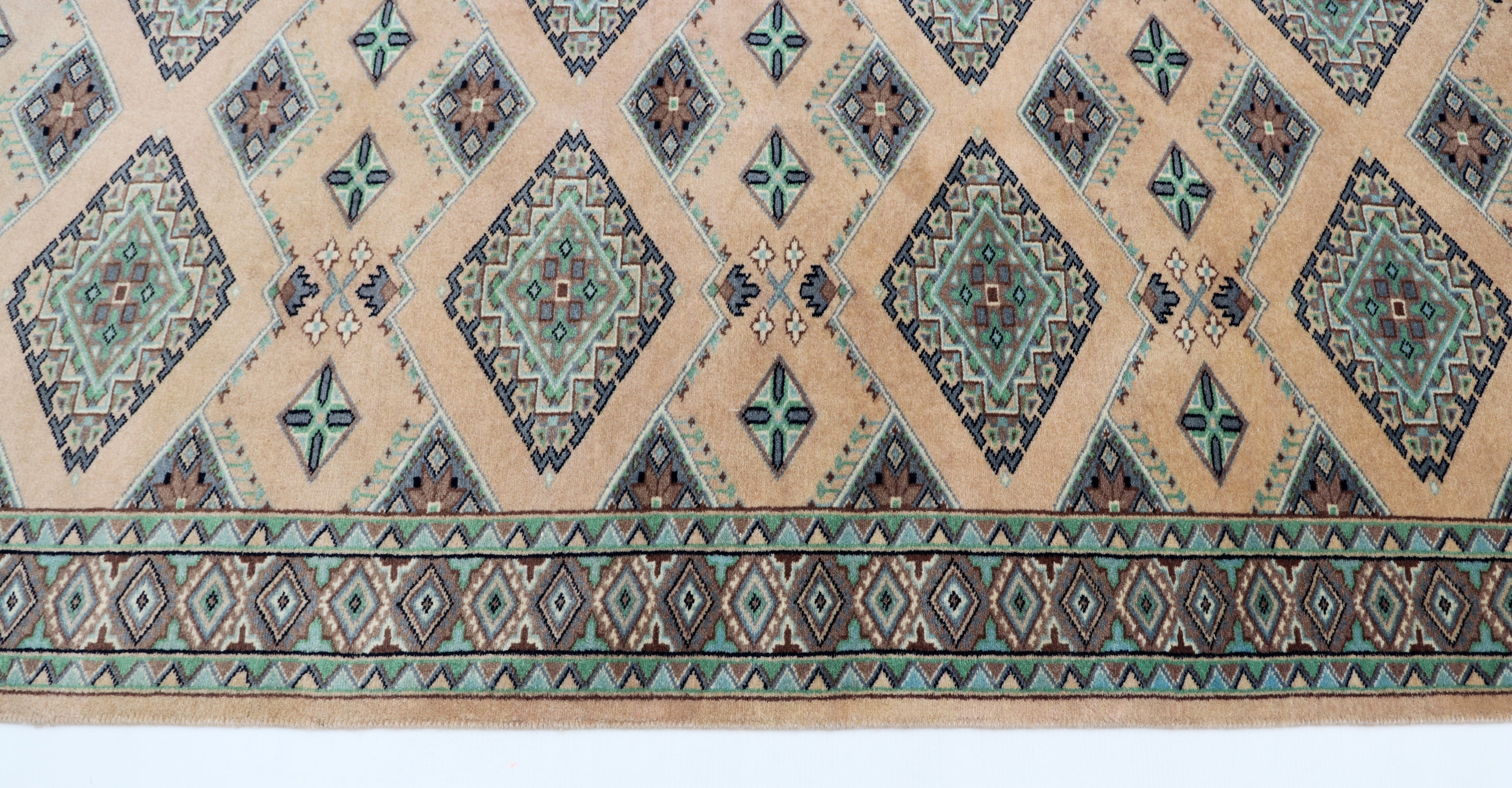 3x5 Beige & Green Fine Jaaldar Area Rug | Handmade Worsted Wool & Cotton Geometric Rug
