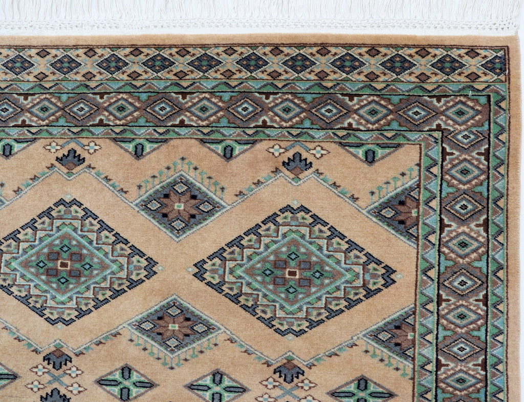 3x5 Beige & Green Fine Jaaldar Area Rug | Handmade Worsted Wool & Cotton Geometric Rug