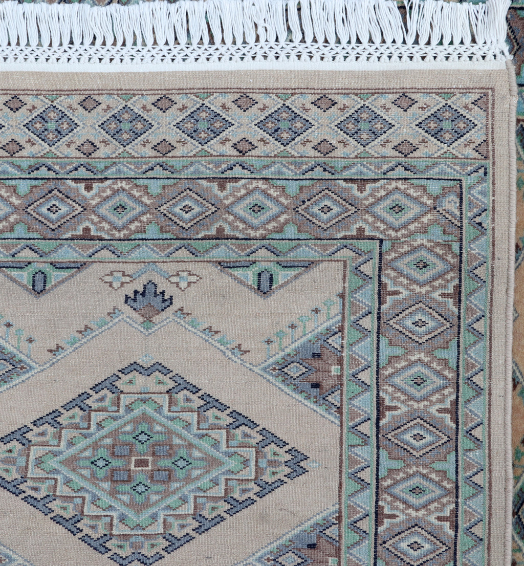 3x5 Beige & Green Fine Jaaldar Area Rug | Handmade Worsted Wool & Cotton Geometric Rug
