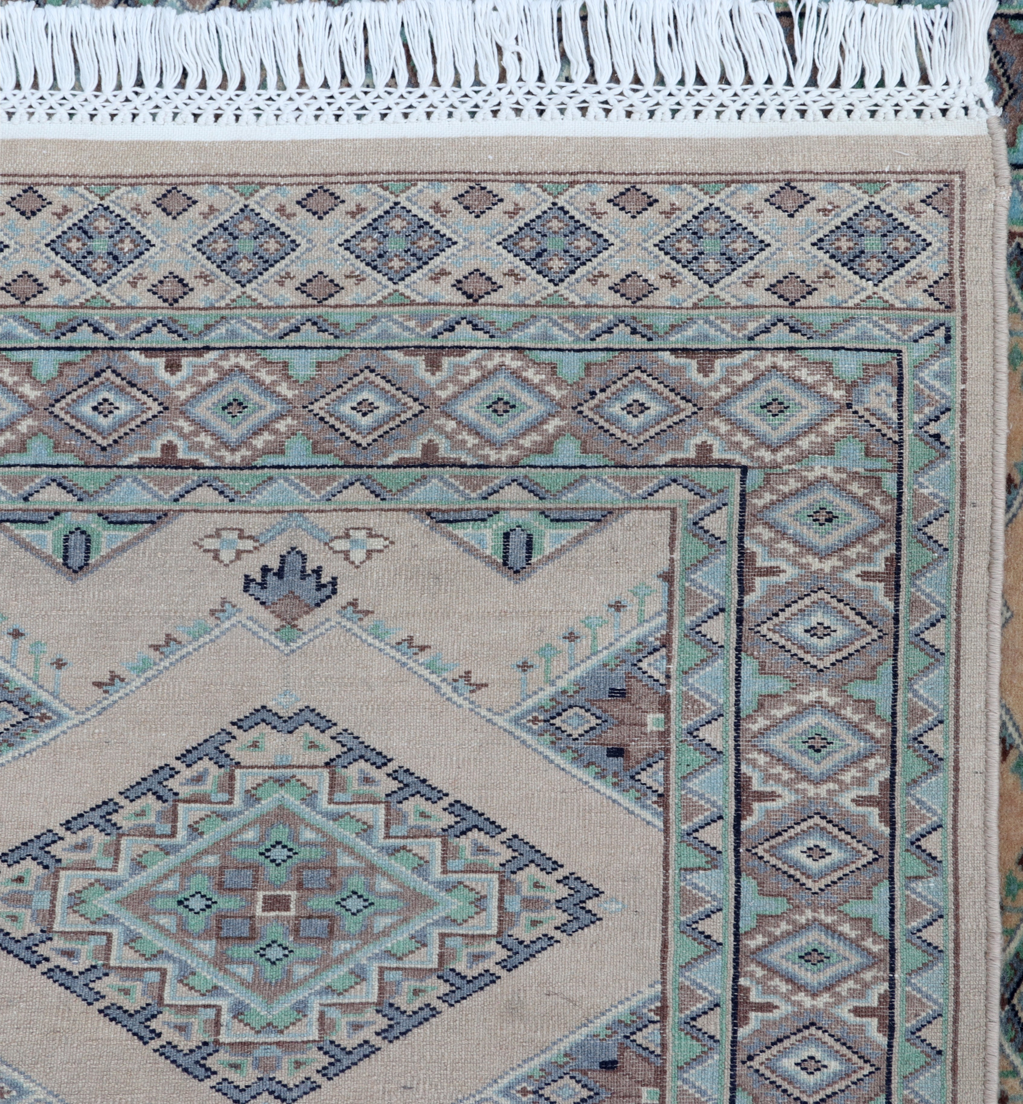 3x5 Beige & Green Fine Jaaldar Area Rug | Handmade Worsted Wool & Cotton Geometric Rug