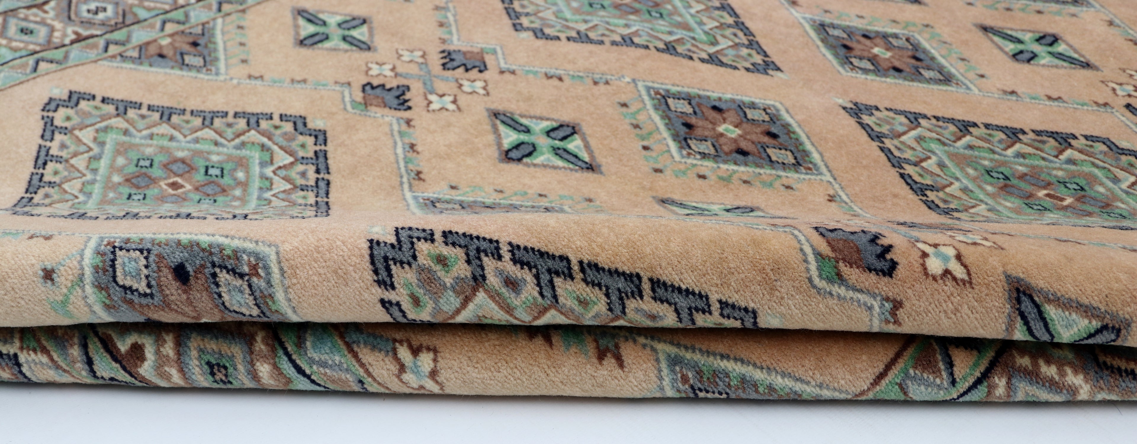 3x5 Beige & Green Fine Jaaldar Area Rug | Handmade Worsted Wool & Cotton Geometric Rug