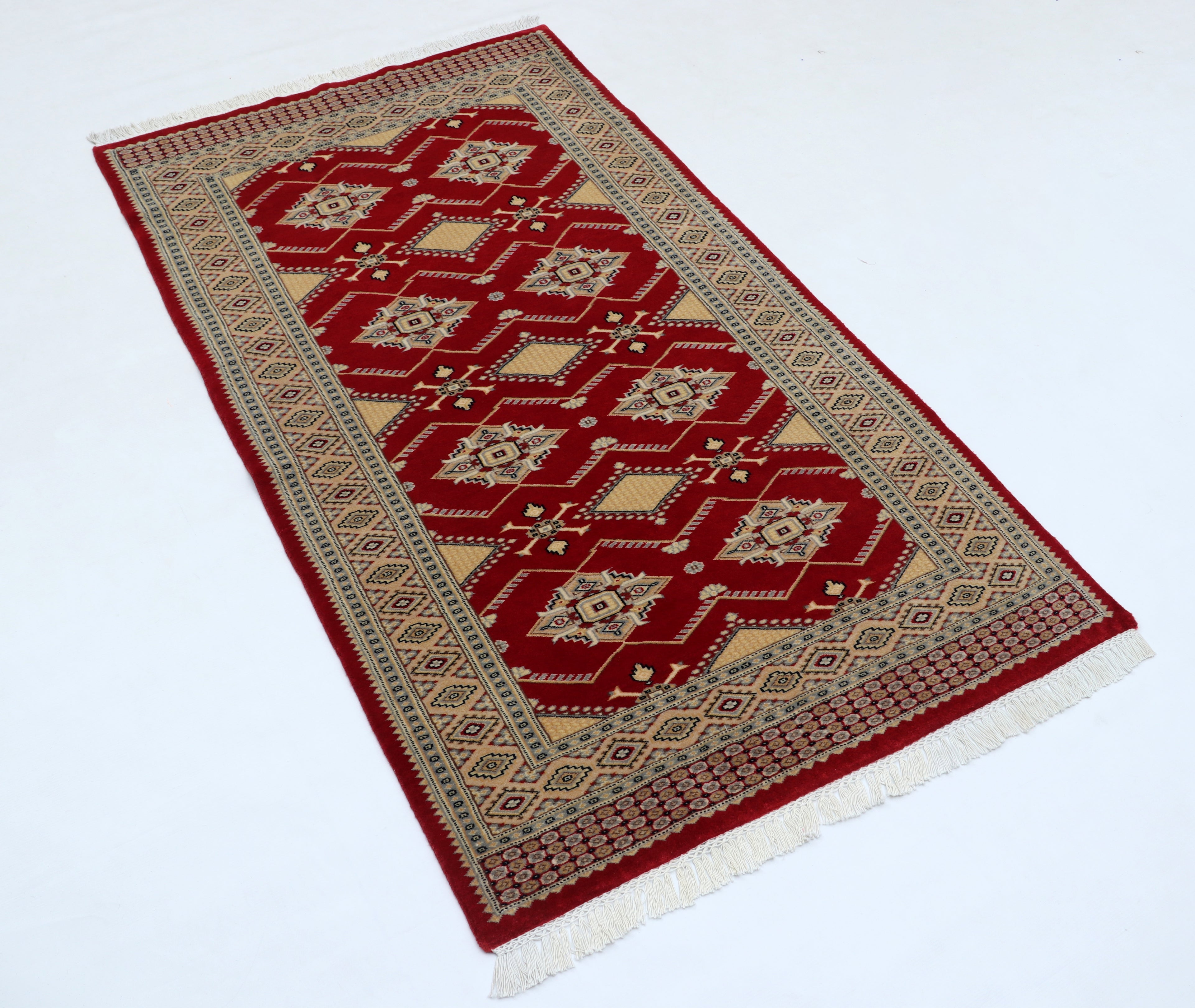 3x5 Red & Beige Fine Jaaldar Area Rug | Handmade Worsted Wool & Cotton Geometric Rug