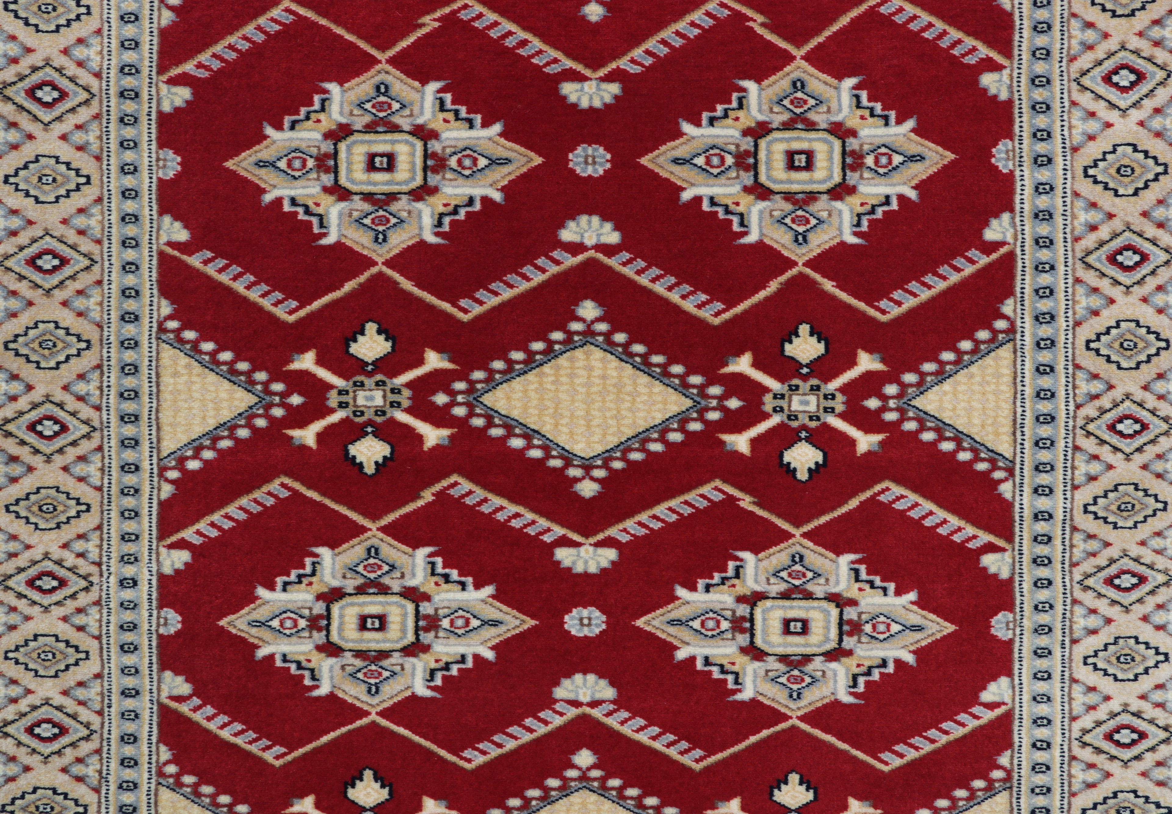 3x5 Red & Beige Fine Jaaldar Area Rug | Handmade Worsted Wool & Cotton Geometric Rug