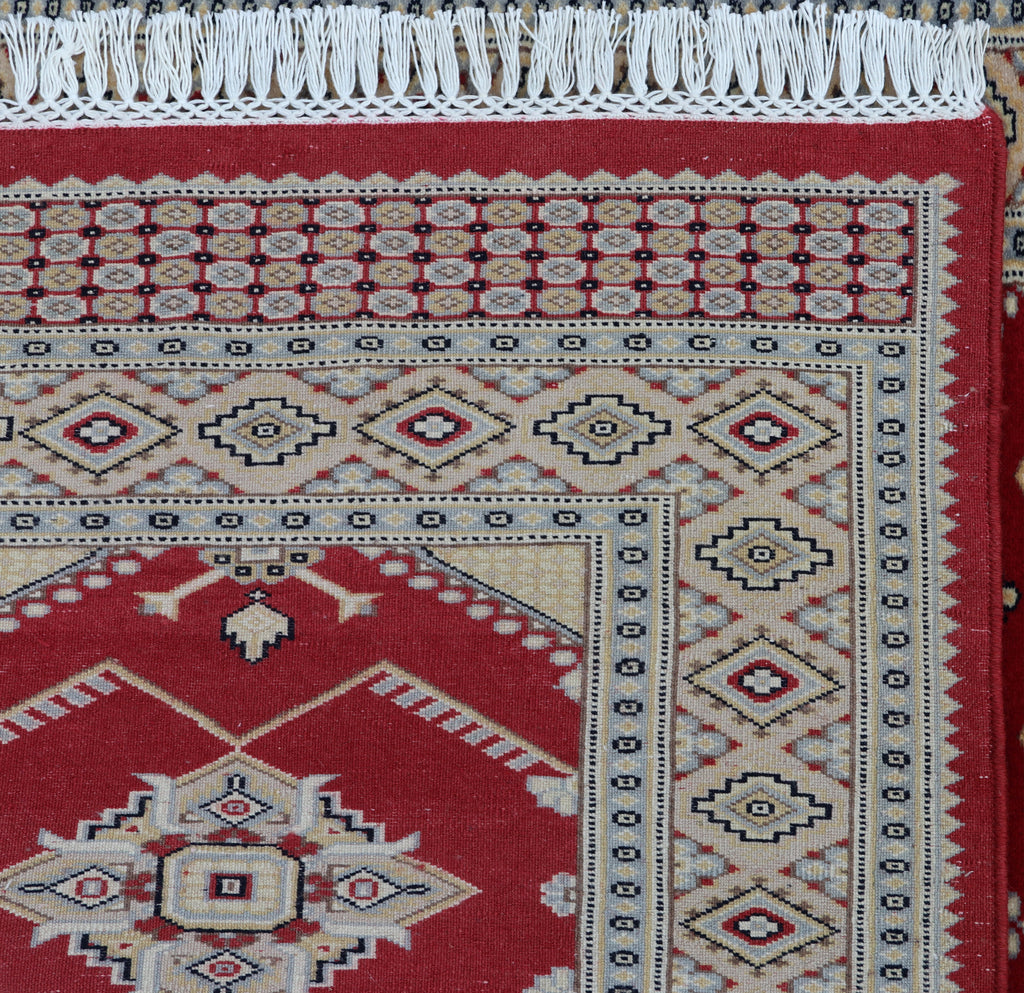 3x5 Red & Beige Fine Jaaldar Area Rug | Handmade Worsted Wool & Cotton Geometric Rug