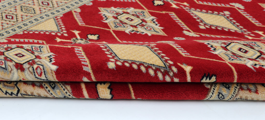 3x5 Red & Beige Fine Jaaldar Area Rug | Handmade Worsted Wool & Cotton Geometric Rug