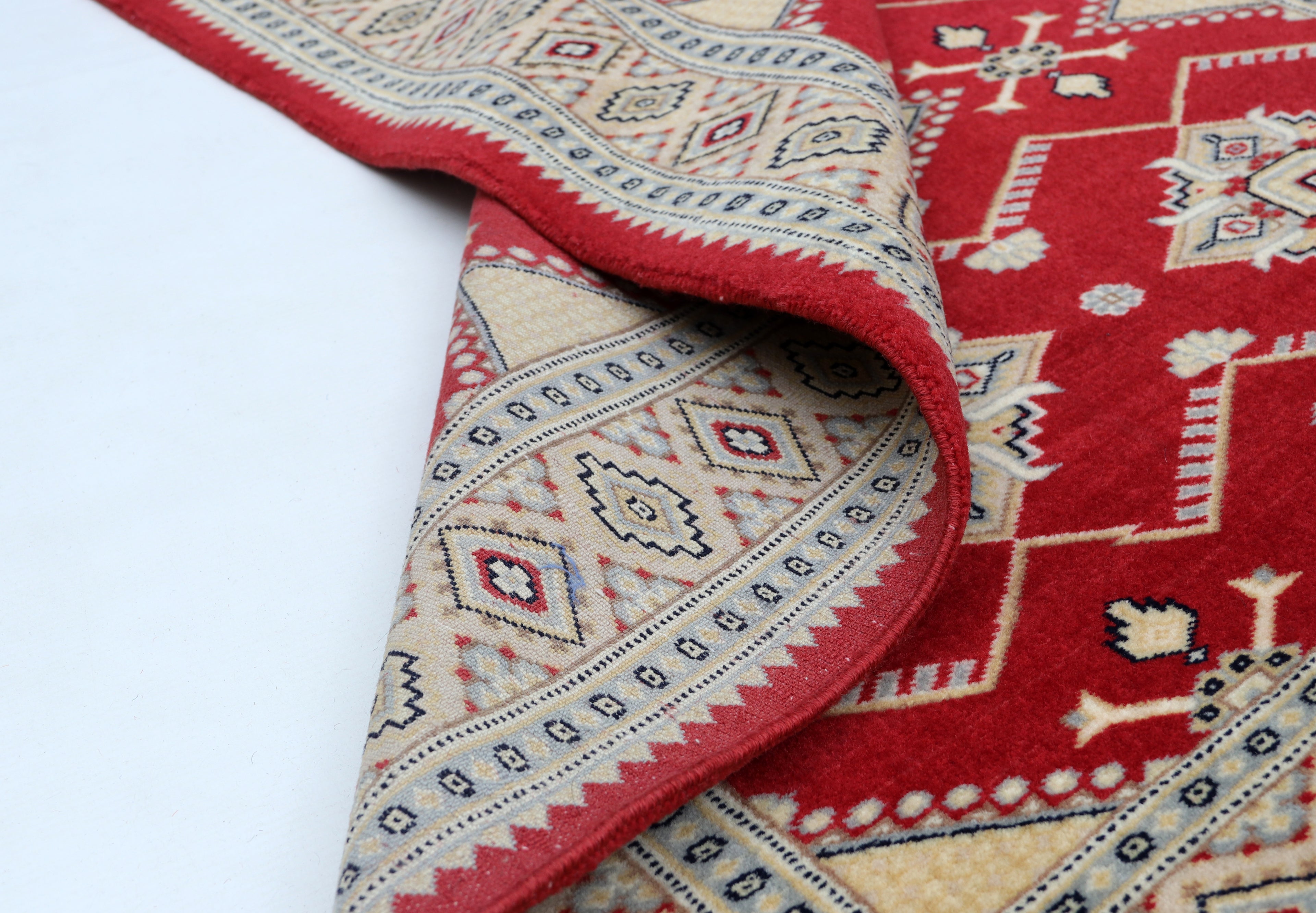 3x5 Red & Beige Fine Jaaldar Area Rug | Handmade Worsted Wool & Cotton Geometric Rug