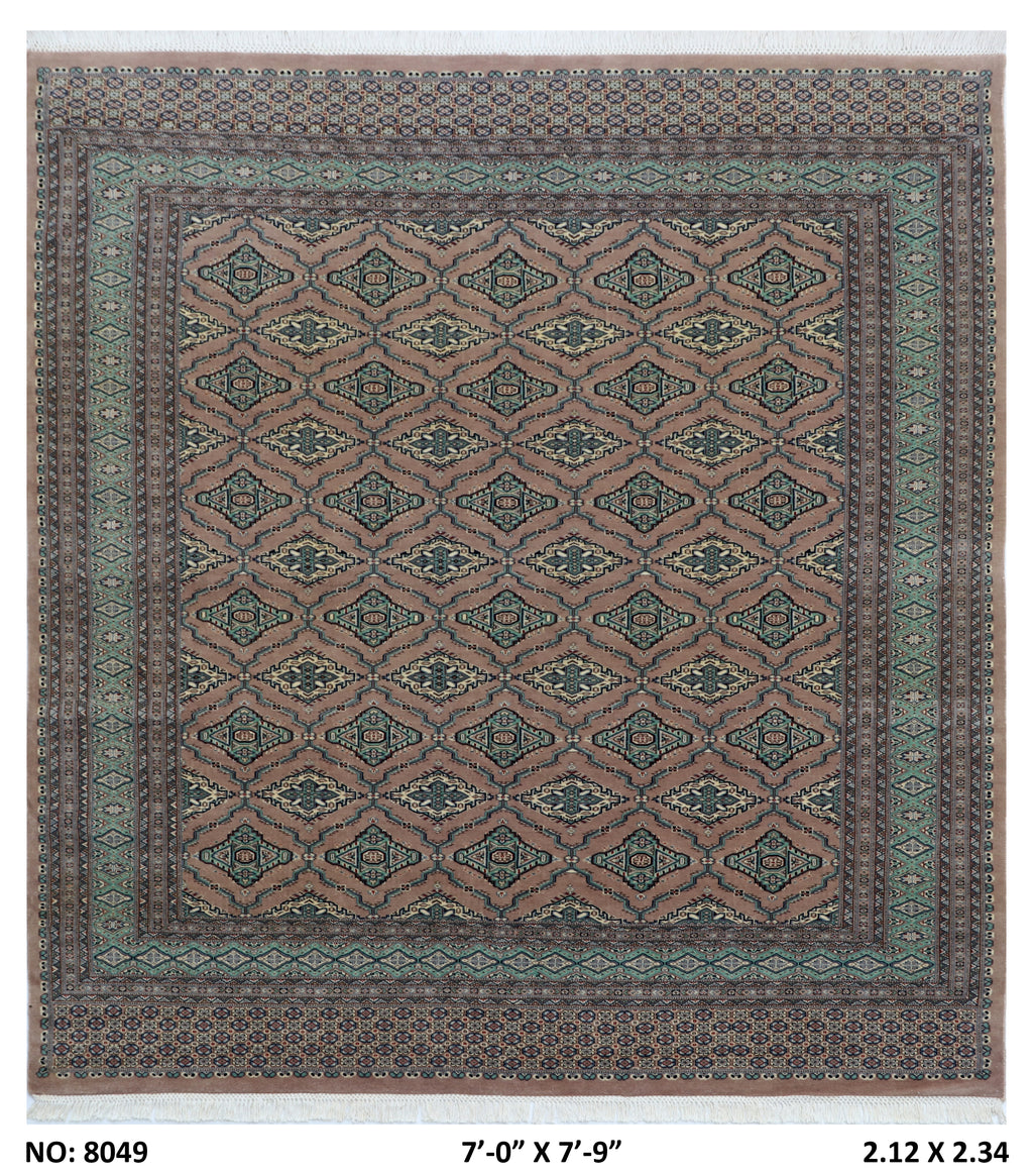 7x8 Brown and Green Fine Jaaldar Handmade Worsted Wool Cotton Geometric Area Rug
