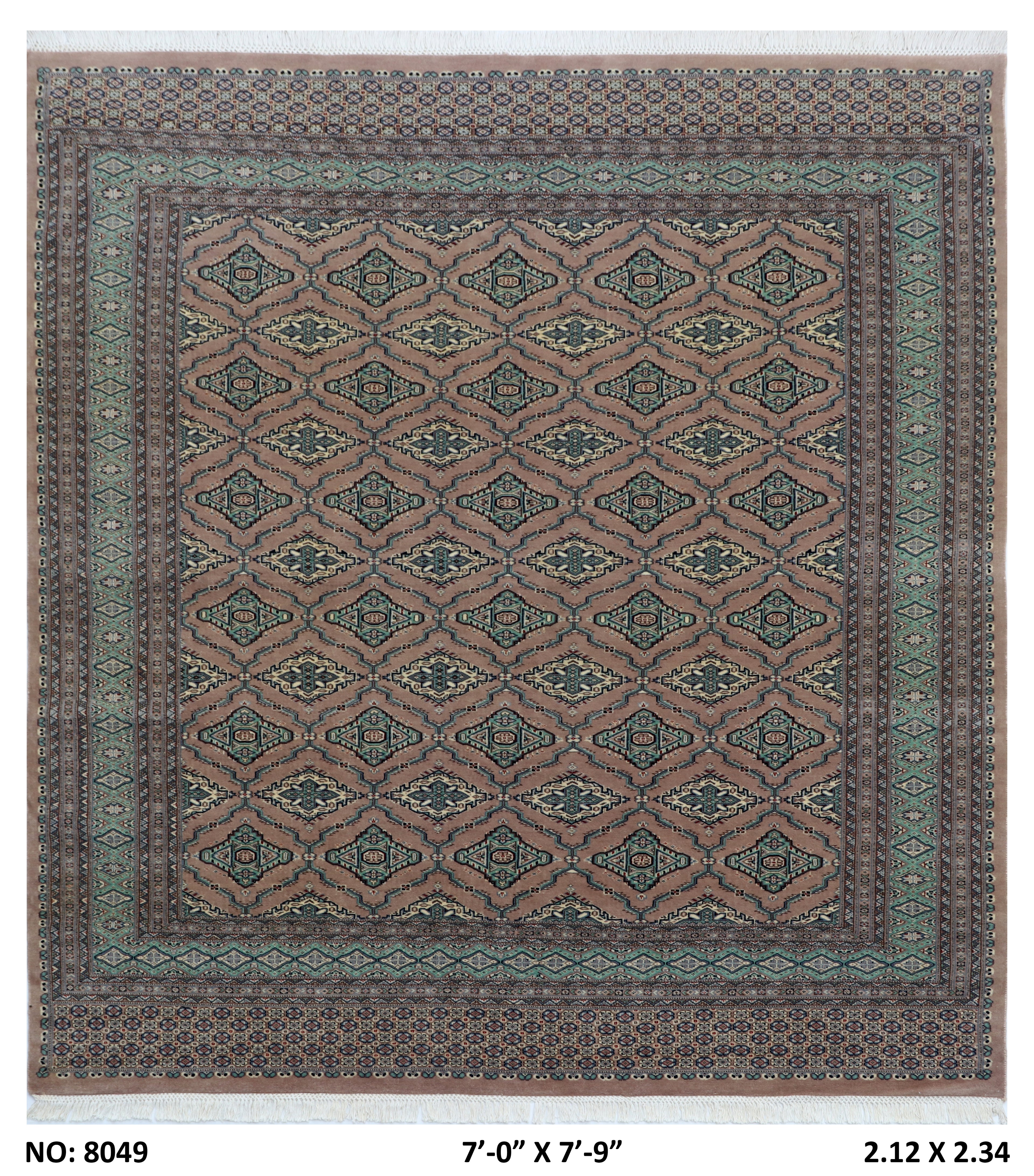 7x8 Brown and Green Fine Jaaldar Handmade Worsted Wool Cotton Geometric Area Rug