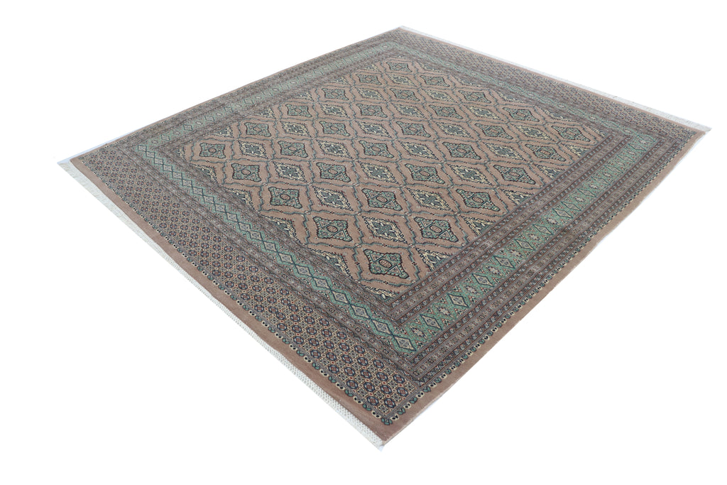 7x8 Brown & Green Fine Jaaldar Area Rug | Handmade Worsted Wool & Cotton Geometric Rug