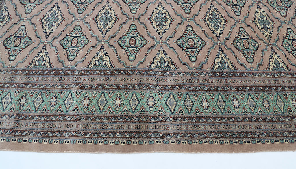 7x8 Brown & Green Fine Jaaldar Area Rug | Handmade Worsted Wool & Cotton Geometric Rug