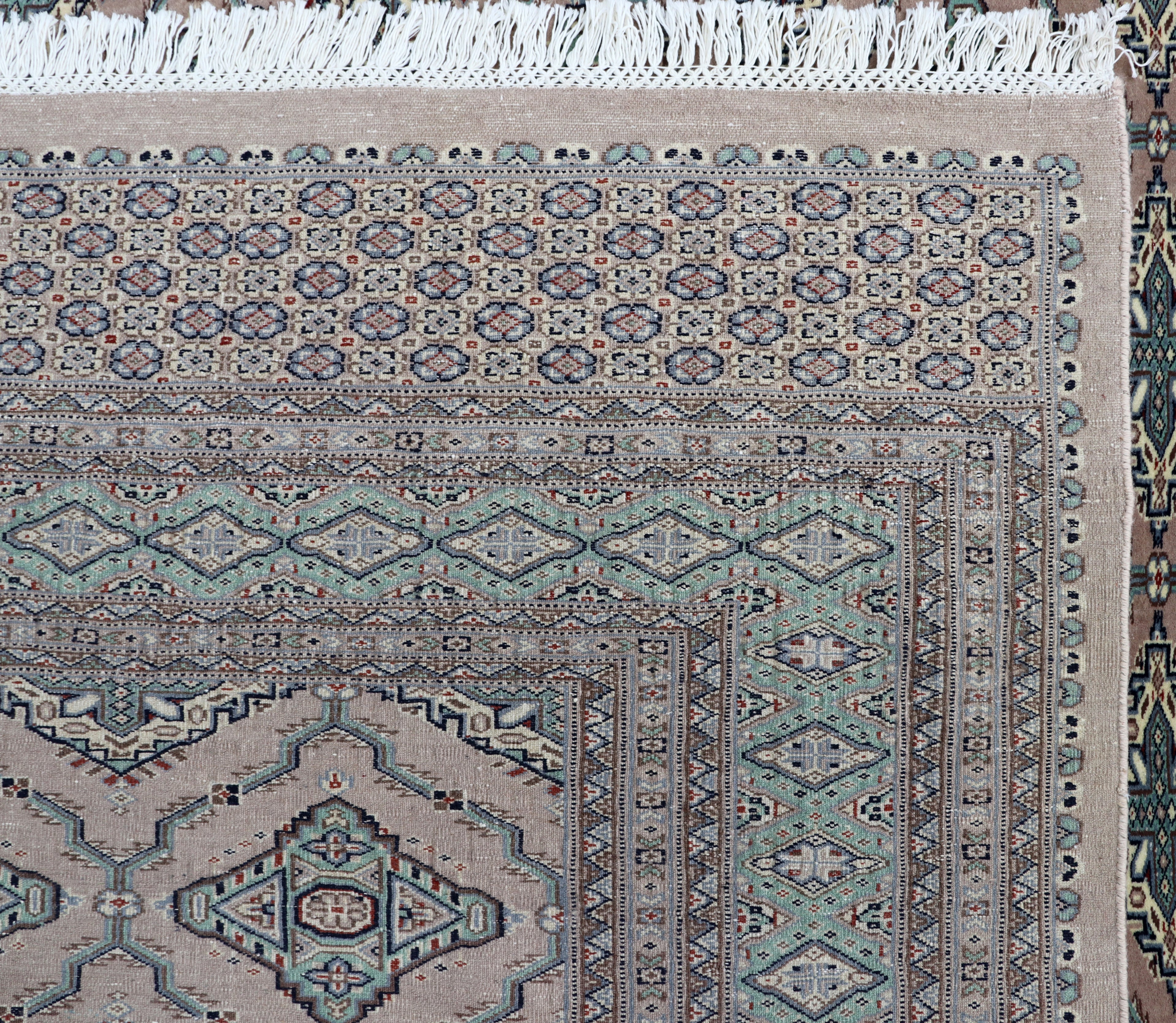 7x8 Brown & Green Fine Jaaldar Area Rug | Handmade Worsted Wool & Cotton Geometric Rug