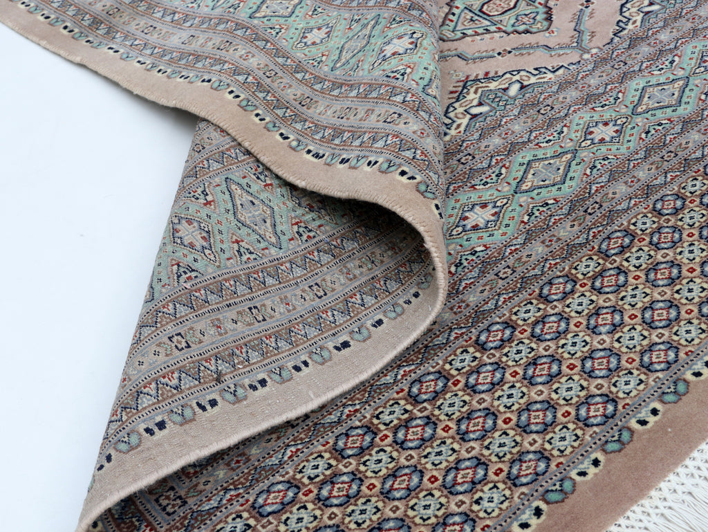 7x8 Brown & Green Fine Jaaldar Area Rug | Handmade Worsted Wool & Cotton Geometric Rug