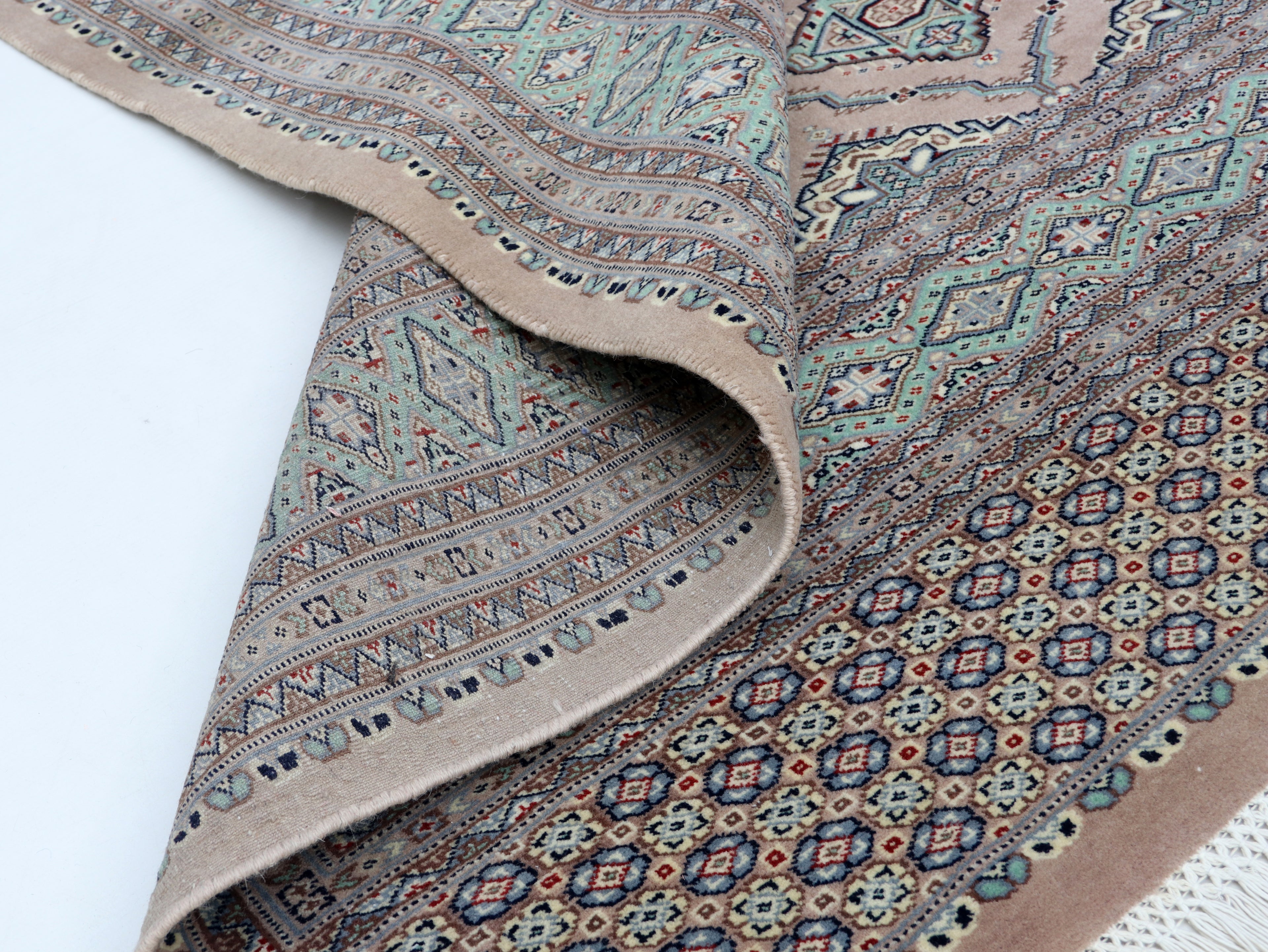 7x8 Brown & Green Fine Jaaldar Area Rug | Handmade Worsted Wool & Cotton Geometric Rug