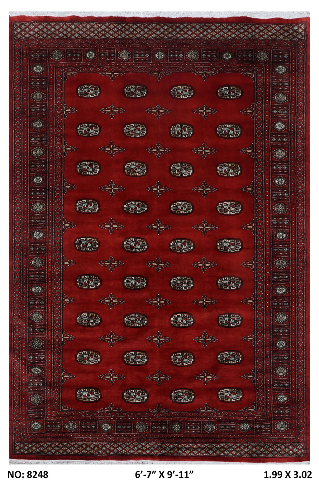 7x10 red Mori Bokhara geometric handmade wool and cotton area rug with vegetable AZO-free dyeing