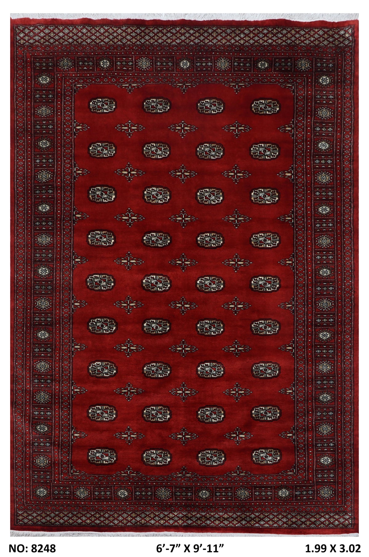 7x10 red Mori Bokhara geometric handmade wool and cotton area rug with vegetable AZO-free dyeing