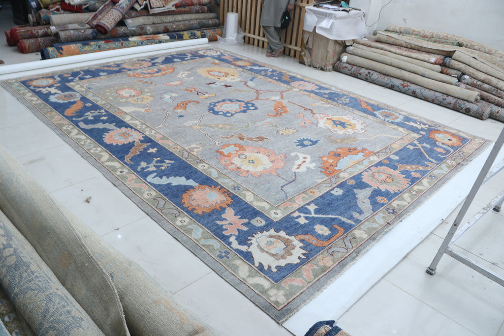 10x14 Blue Oushak Geometric Area Rug | Handmade Wool Rug