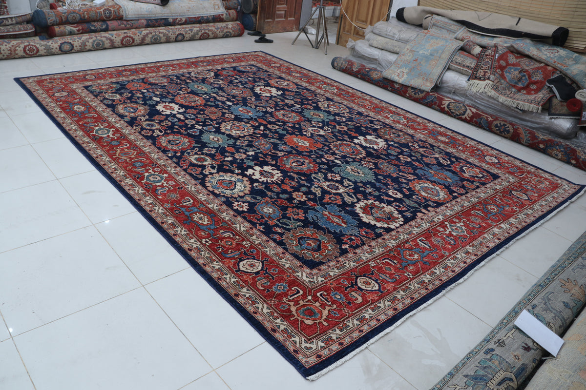 10x13 Blue Super Kazak Geometric Area Rug | Handmade Wool & Cotton Rug