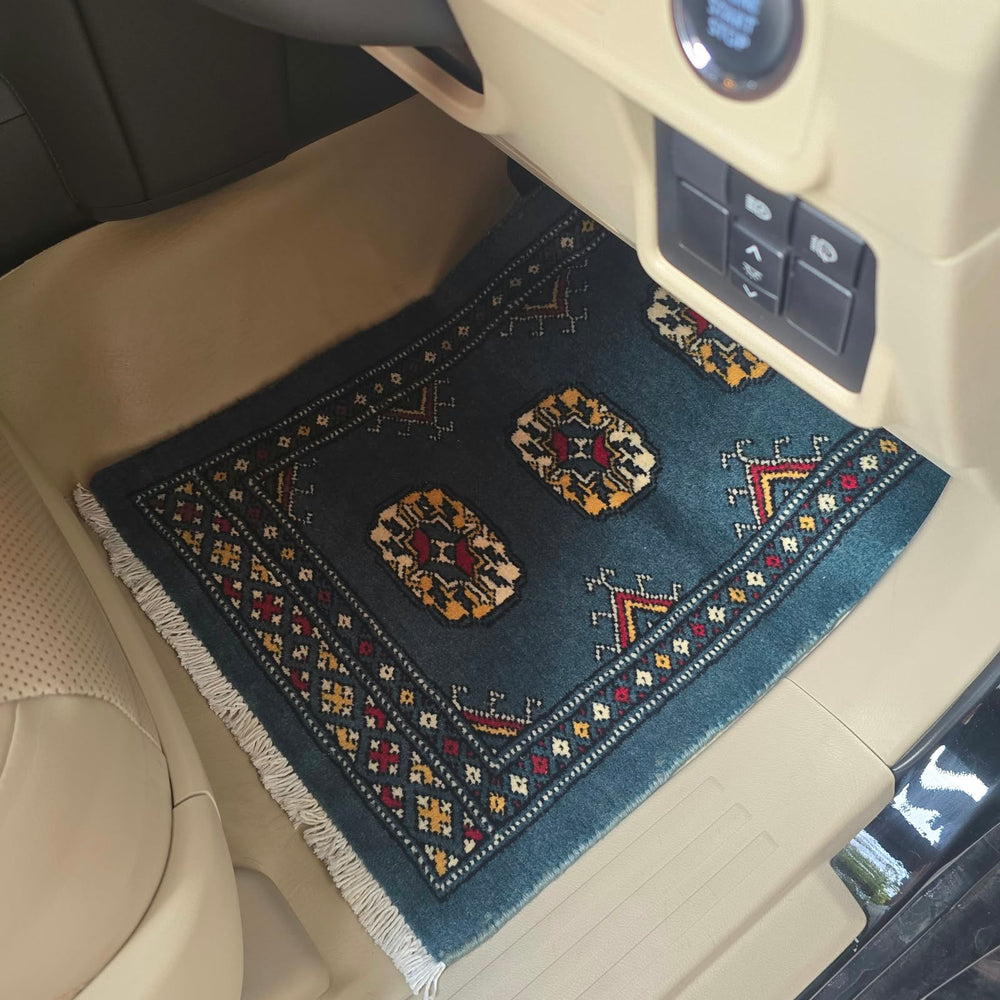 navy blue cotton and wool car mat with geometric elephant foot pattern