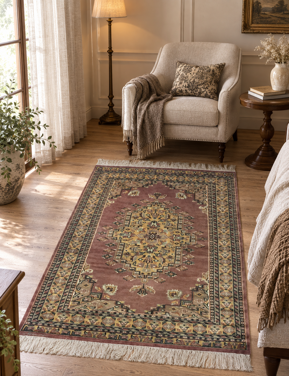 4x6 Handmade Kafkazi Rug - Copper Geometric Wool & Cotton Area Rug | Silk Touch Oriental Carpet