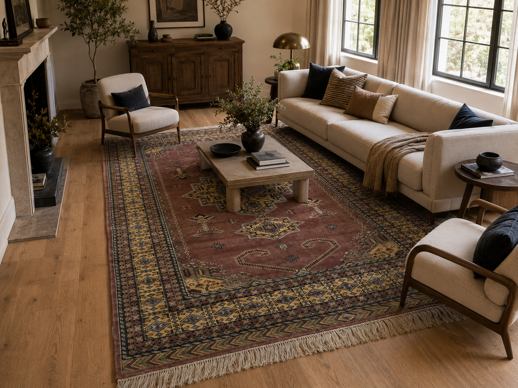 6.5x9.5 Handmade Kafkazi Copper Area Rug – Azo Free Geometric Wool, Cotton & Silk Touch Rug