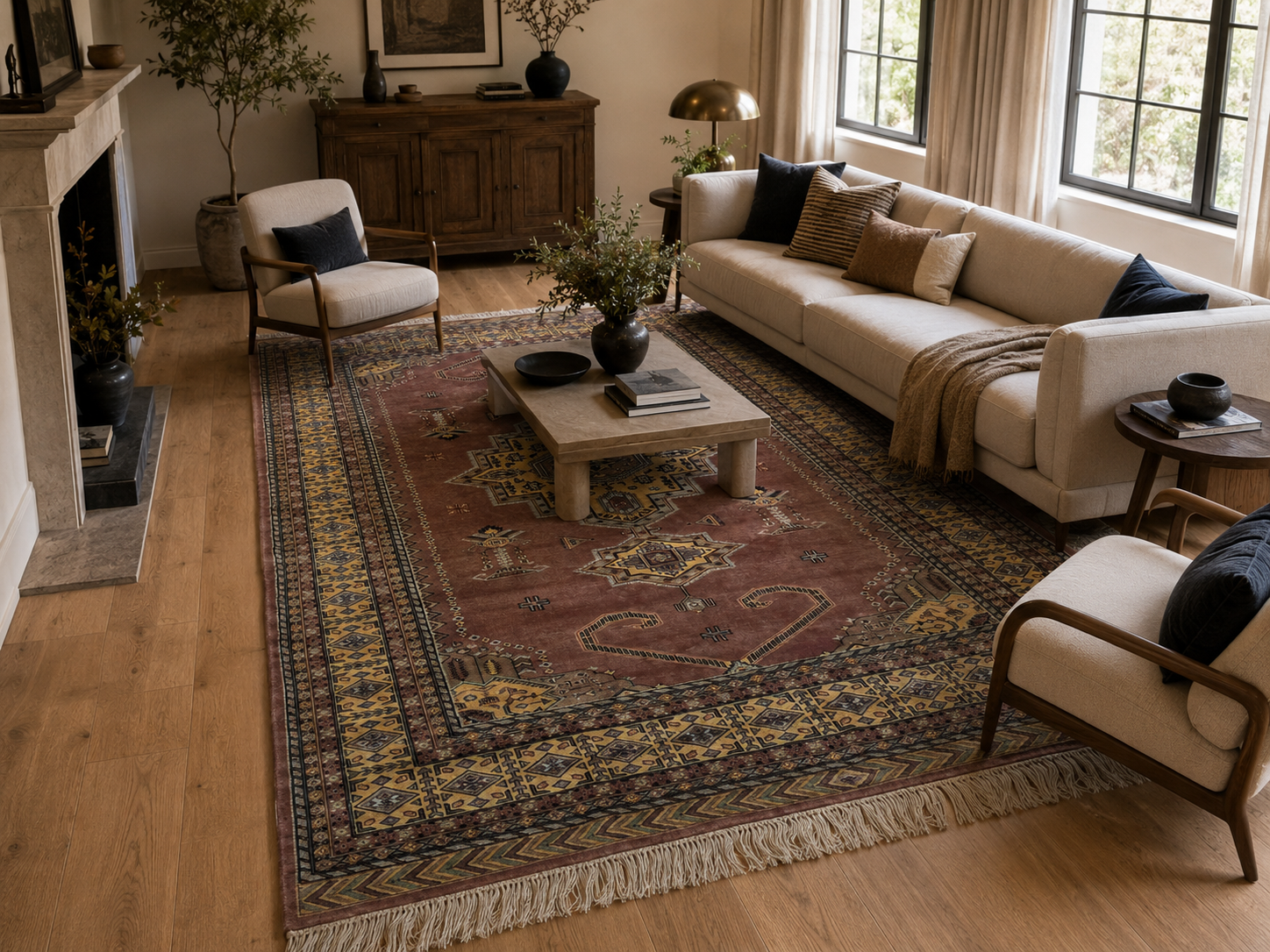 6.5x9.5 Handmade Kafkazi Copper Area Rug – Azo Free Geometric Wool, Cotton & Silk Touch Rug