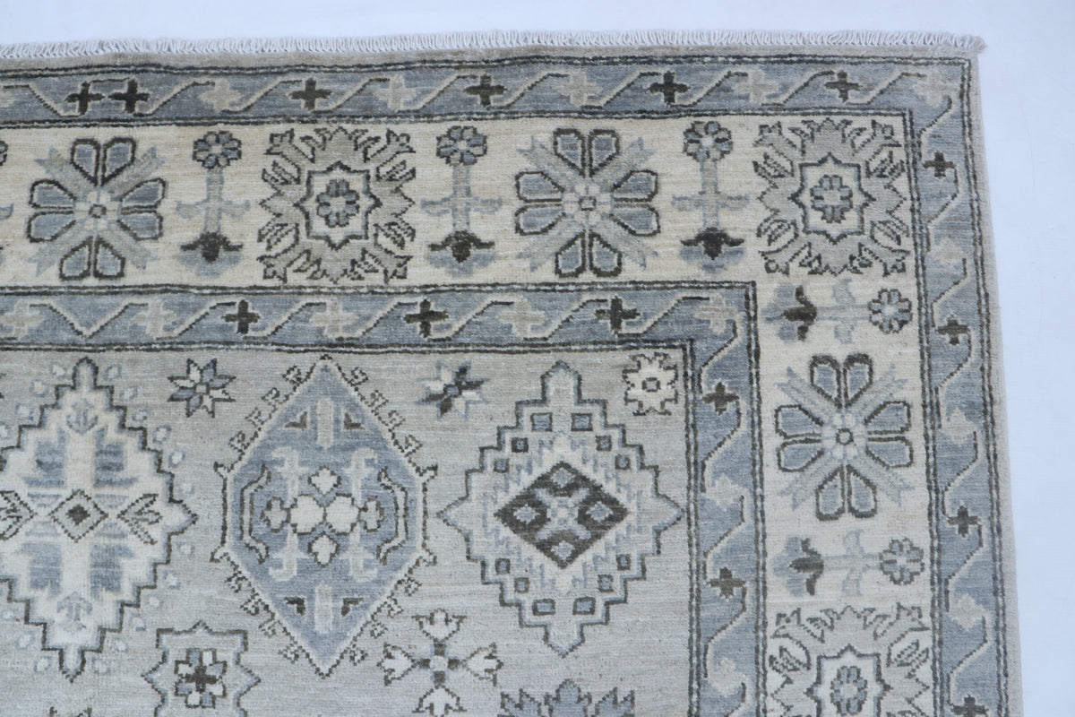 6x9 Gray & Beige Chobi Area Rug | Handmade Wool & Cotton Floral Rug | Luxury Chobi Rug