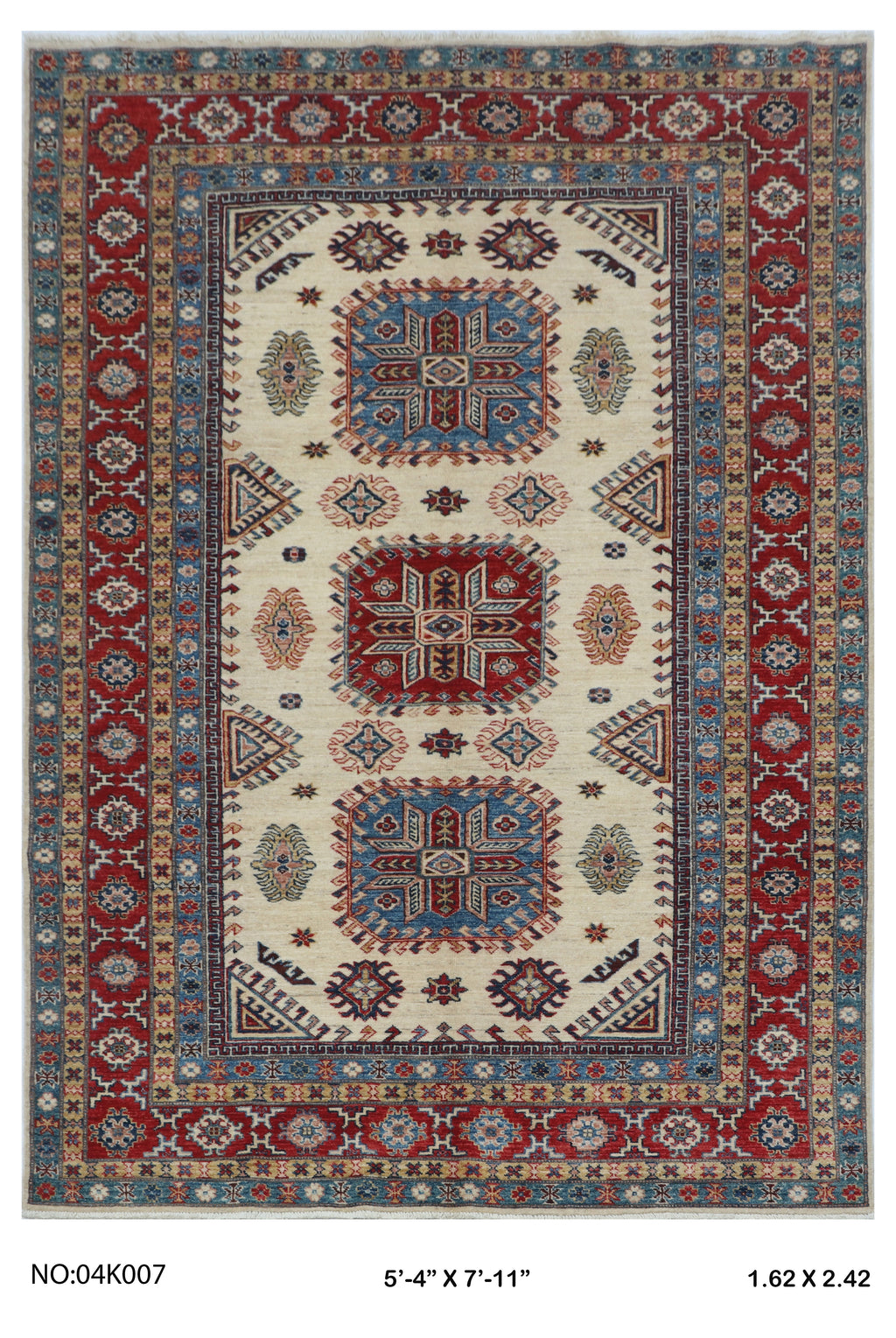 5.5x8 Beige Super Kazak geometric handmade wool and cotton area rug