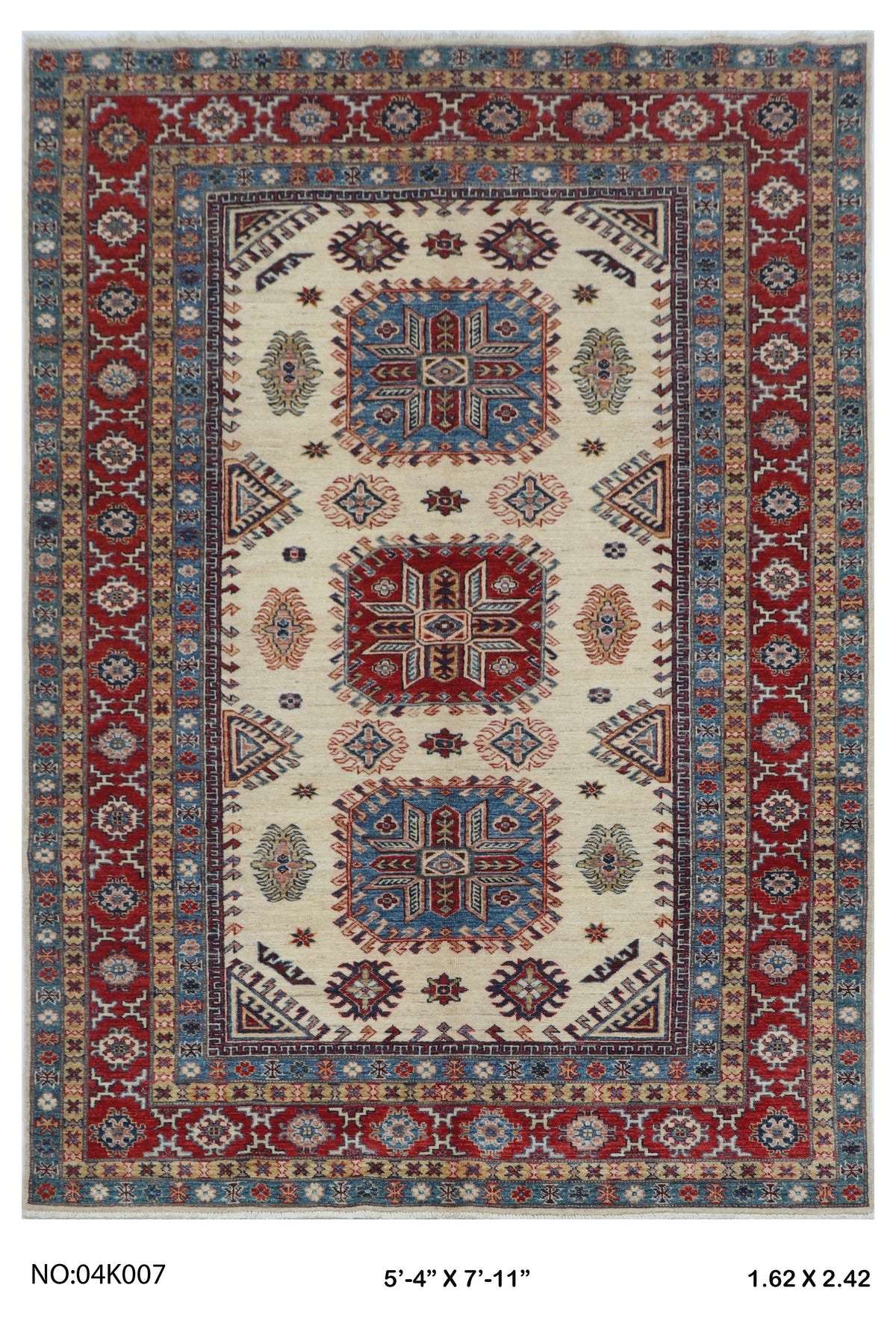 5.5x8 Beige Super Kazak geometric handmade wool and cotton area rug
